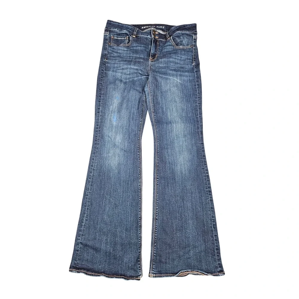 American Eagle Artist Flare Jeans Womens Size 14 Regular Dark Wash Blue Stain